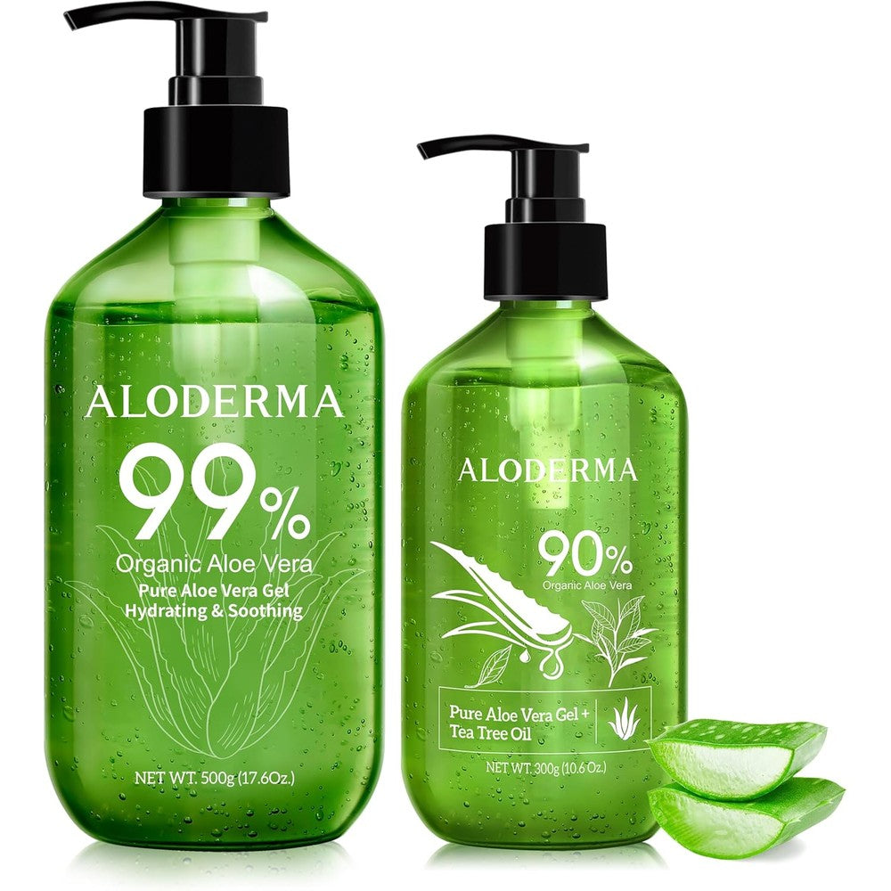 Aloderma Organic Aloe Vera Gel combo pack front view showcasing the large pump bottle and tea tree oil variant