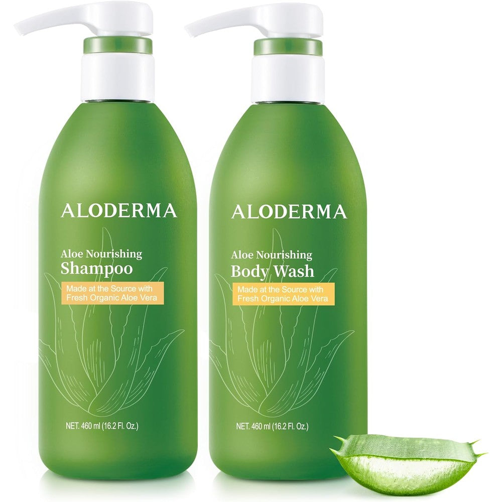 Aloderma Aloe Nourishing Set front view showcasing the organic shampoo and body wash bottles for hydrating daily care.