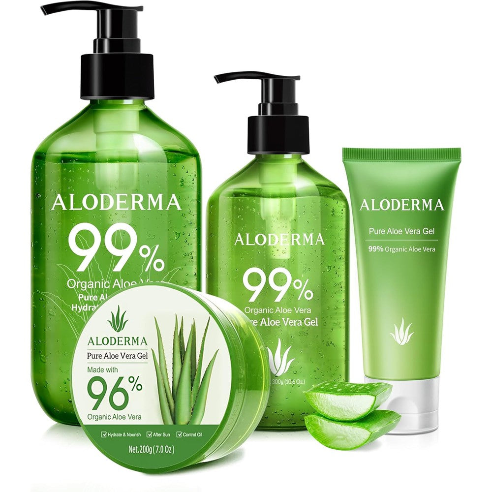 Aloderma Aloe Vera Gel Set front view showing four different sized bottles