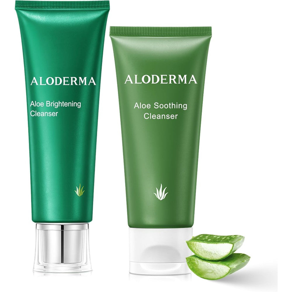 Aloderma Aloe Cleanser Set front view showing the soothing cleanser and brightening face wash bottles