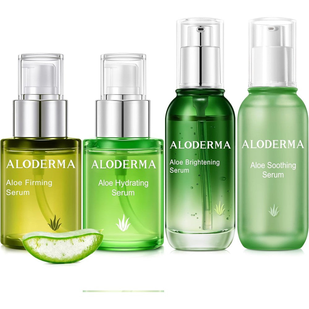 Aloderma Aloe Face Serums Set 4 Pieces front view showing the firming, hydrating, brightening, and soothing bottles.