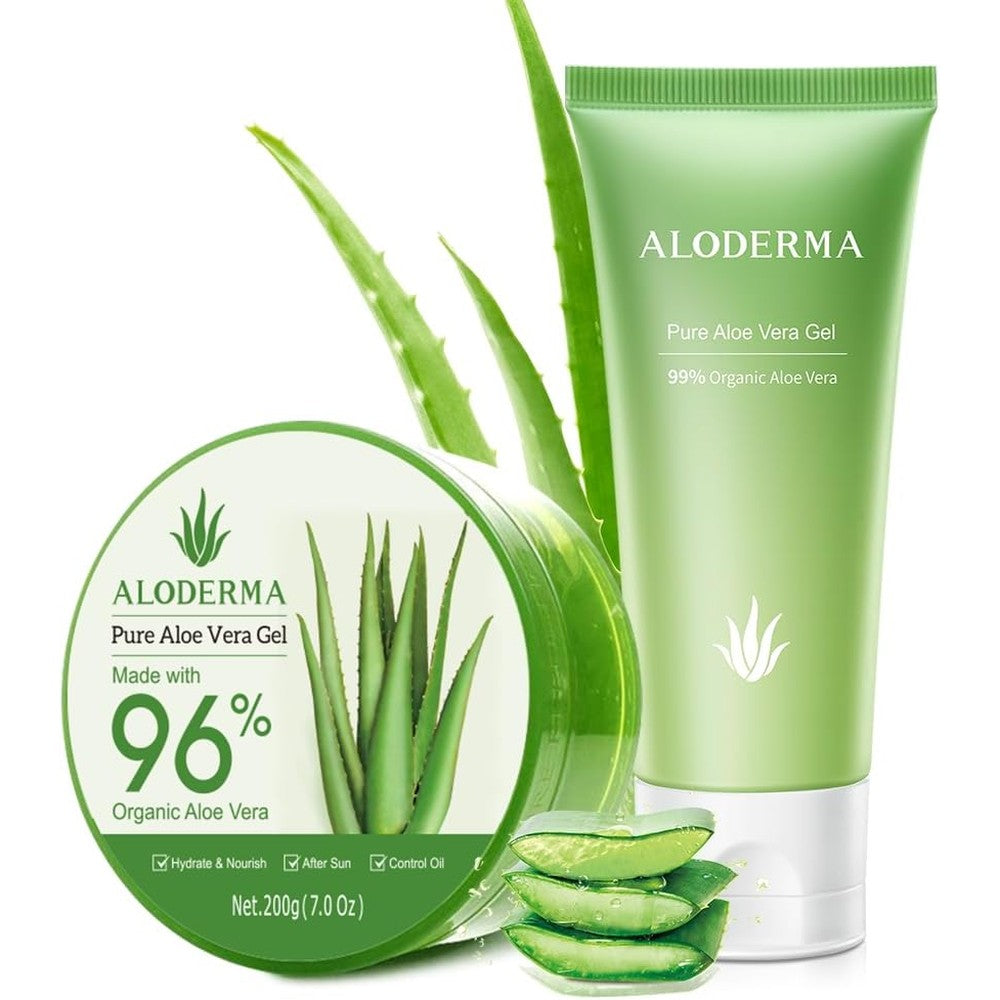 Aloderma brand 3 piece aloe vera gel set for face and body hydration