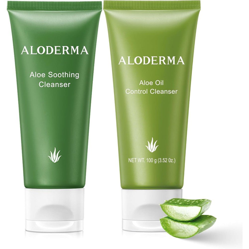 Aloderma Aloe Cleanser Set front view showing the packaging of the two-piece organic face wash duo.