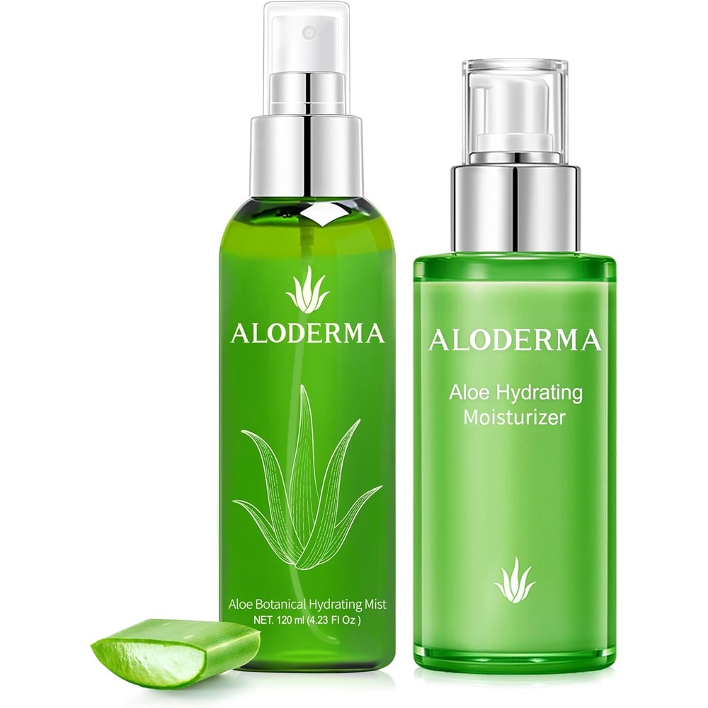 Aloderma Aloe Moisturizing Set front view showing the hydrating cream and botanical mist bottles