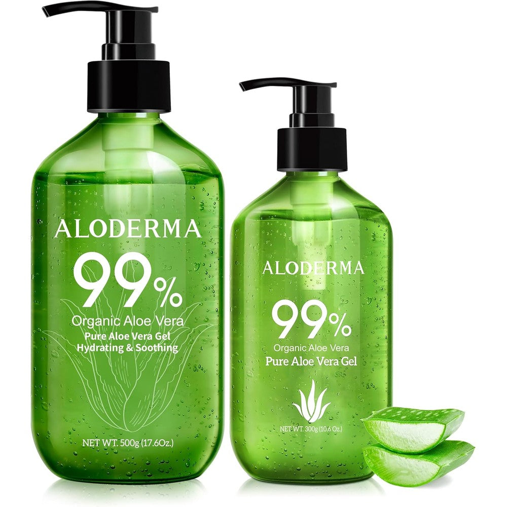 Aloderma Pure Aloe Vera Gel 2 piece set front view showing 500g pump and 300g tube bottles for organic skincare