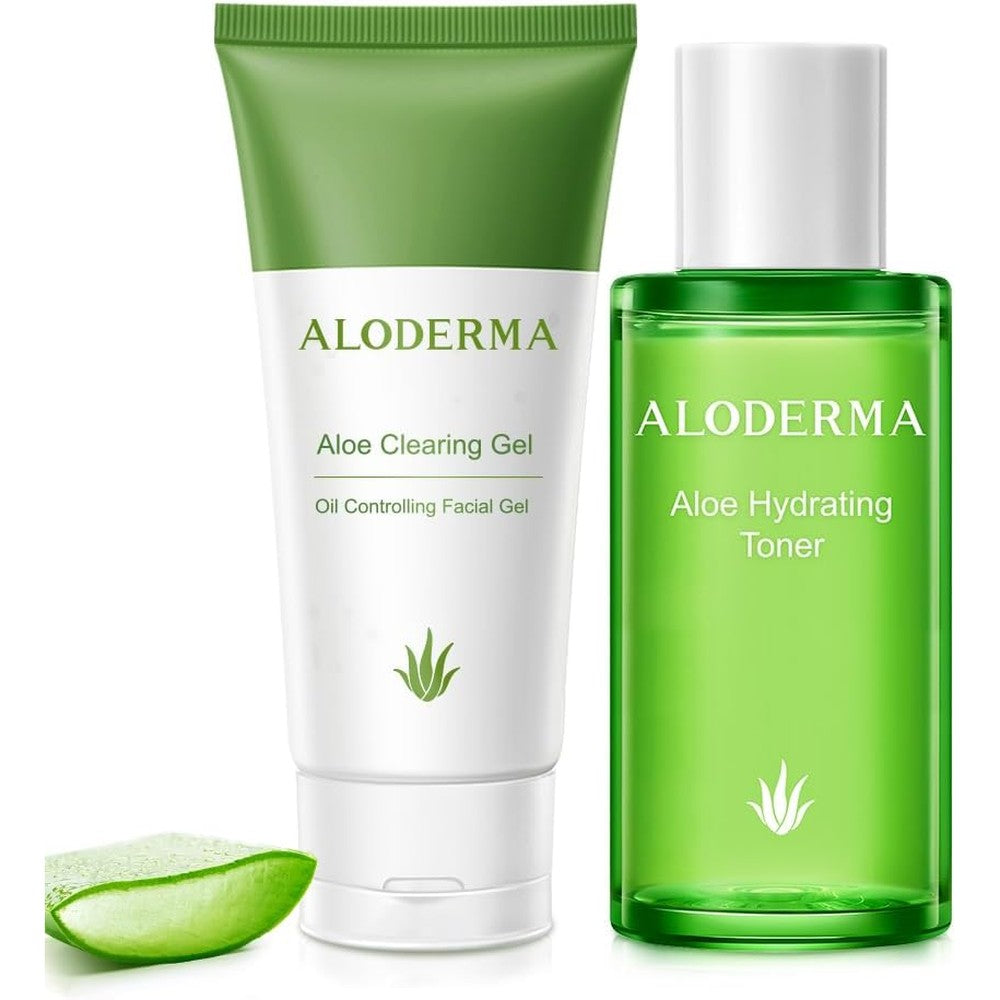 Aloderma Aloe Oil Controlling Set front view featuring clearing gel and hydrating toner packaging