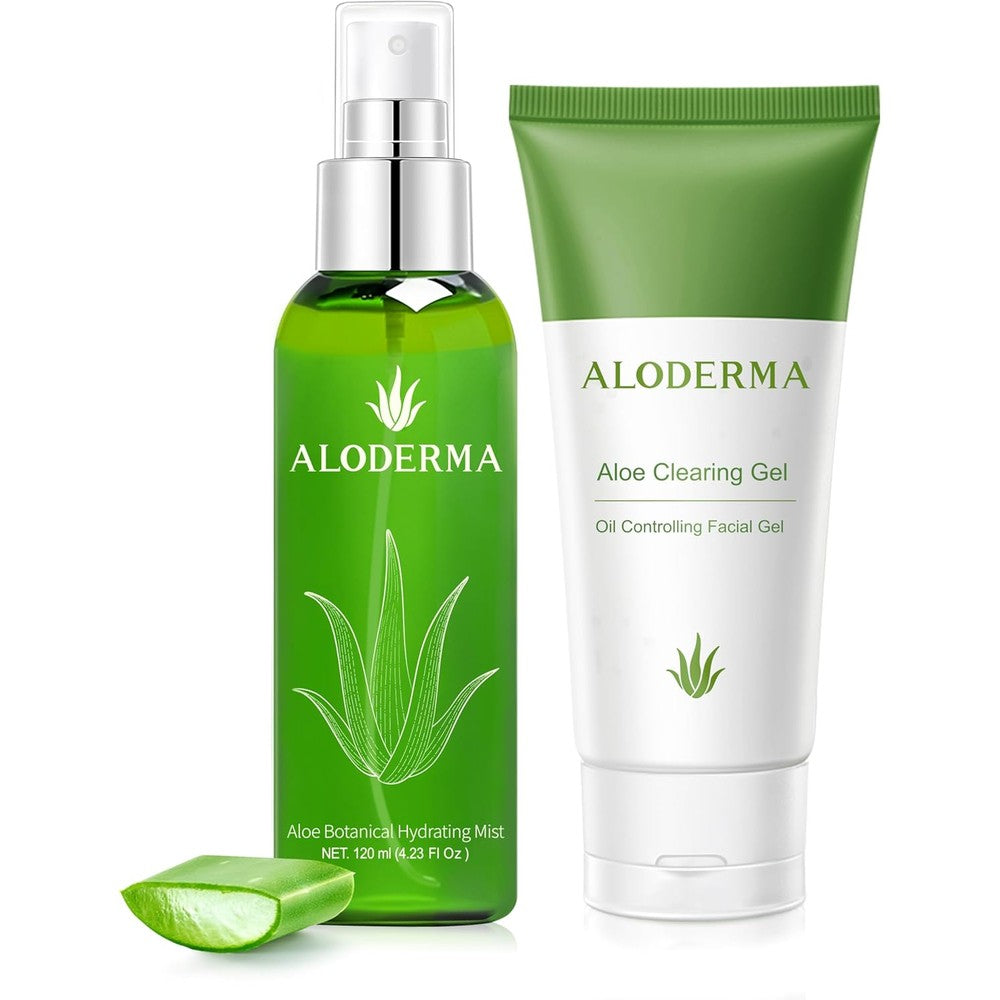 Aloderma Aloe Hydrating Set front view showcasing the Oil Controlling Gel and Botanical Hydrating Mist bottles for oily skin care.