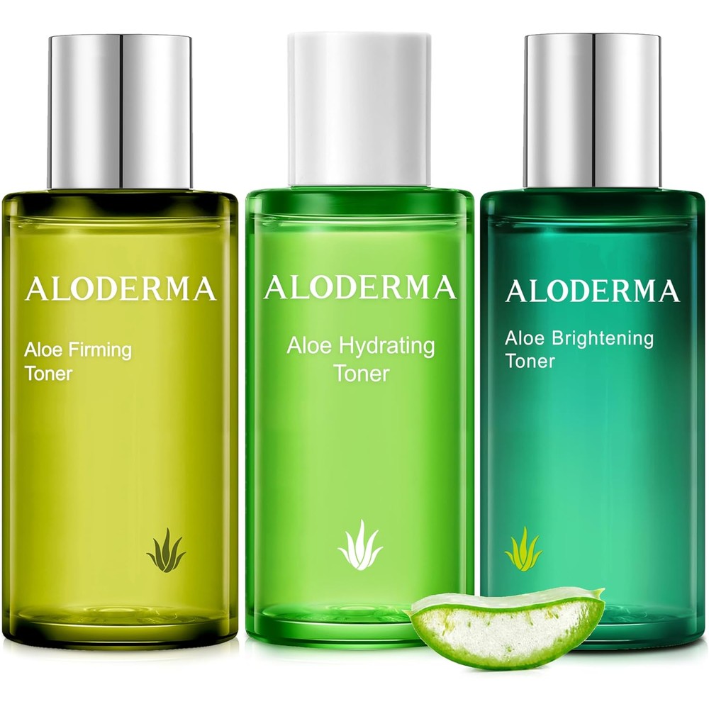 Aloderma Aloe Vera Toner Set front view of three piece hydrating and firming skincare pack