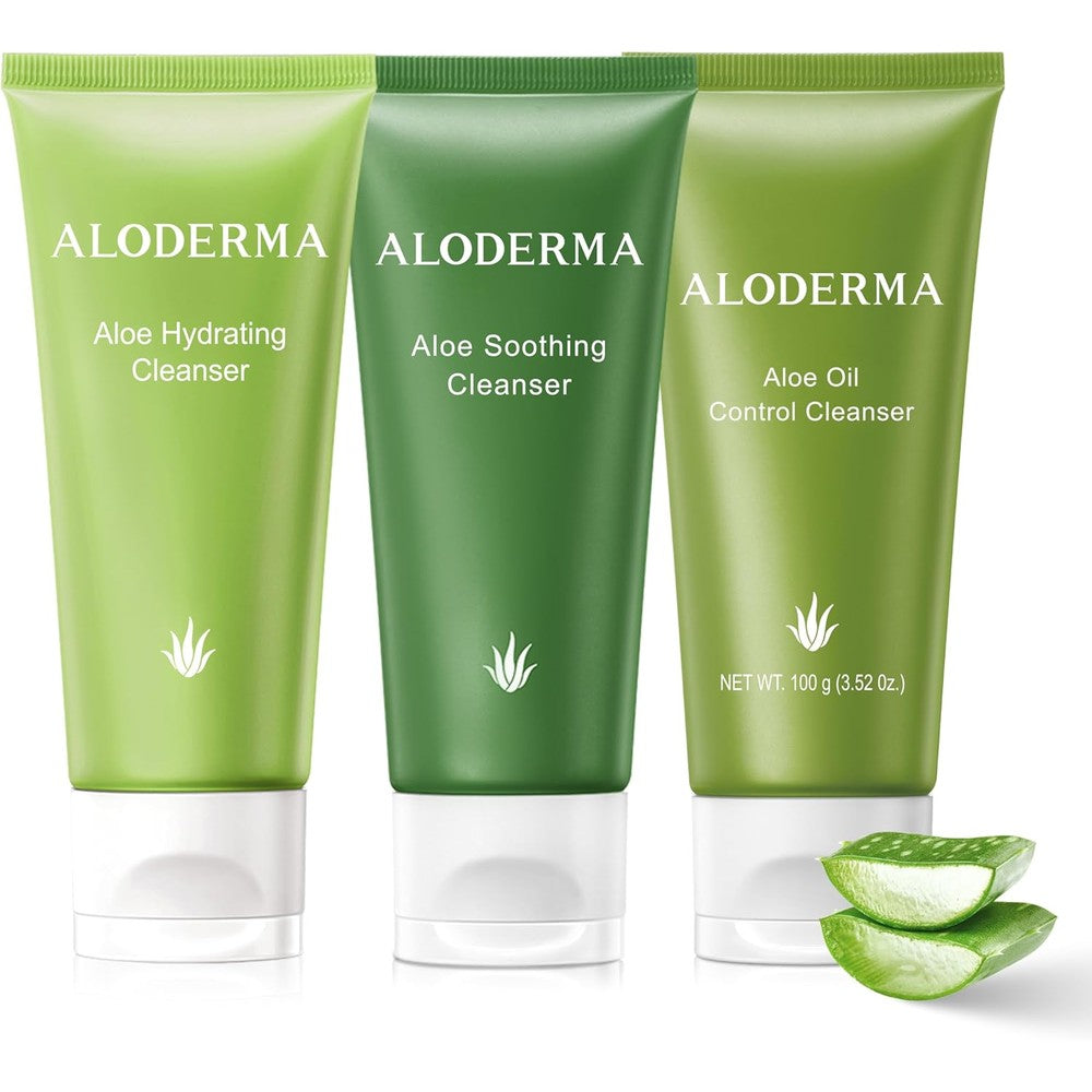 Aloderma Aloe Cleanser Set front view showcasing three green tubes of facial wash.