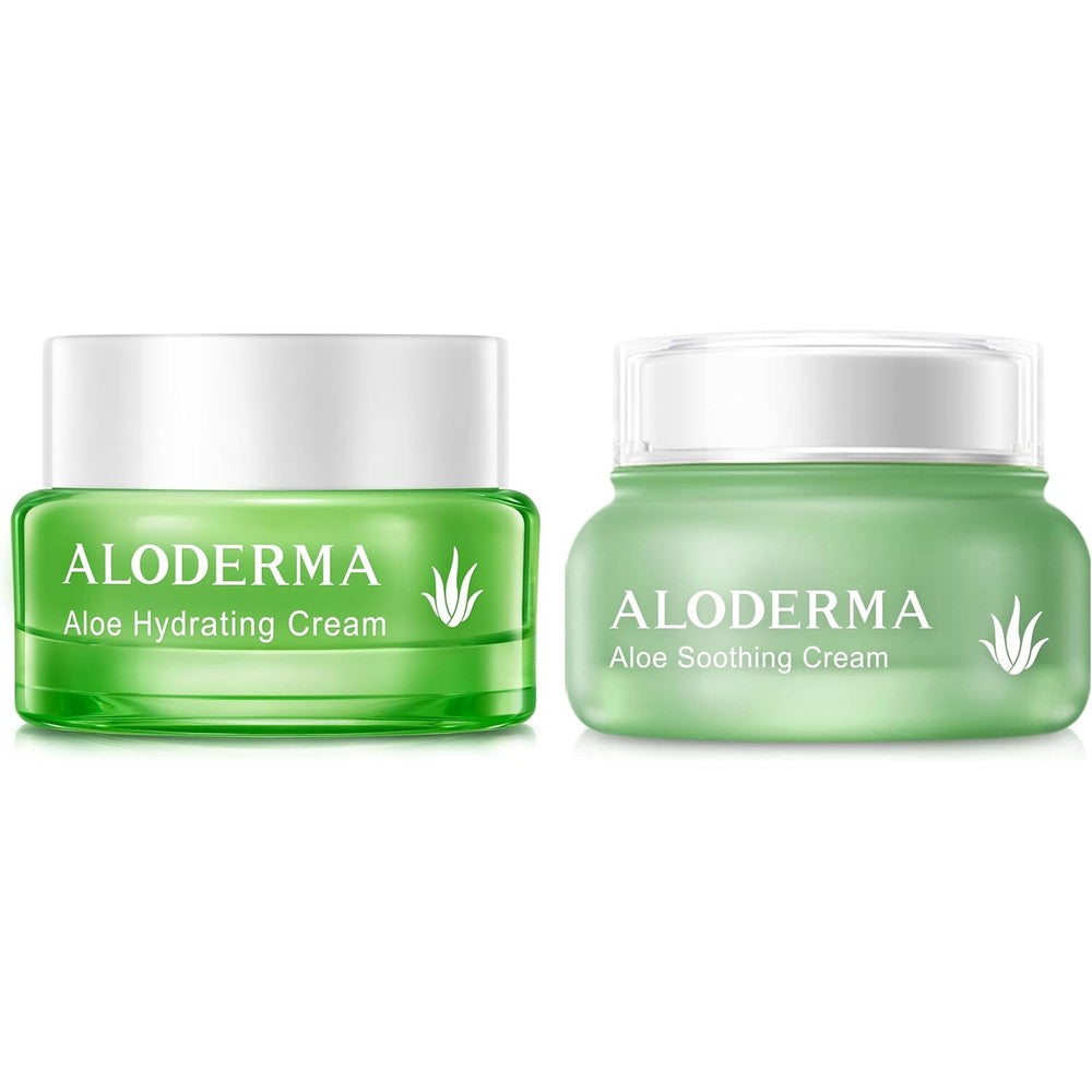 Aloderma Aloe Face Cream Set 2 pieces front view showcasing the green jars of hydrating and soothing moisturizers for premium Indian skincare.