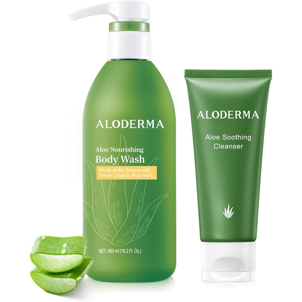Aloderma Aloe Shower Set front view showing body wash and facial cleanser bottles for organic skincare routine