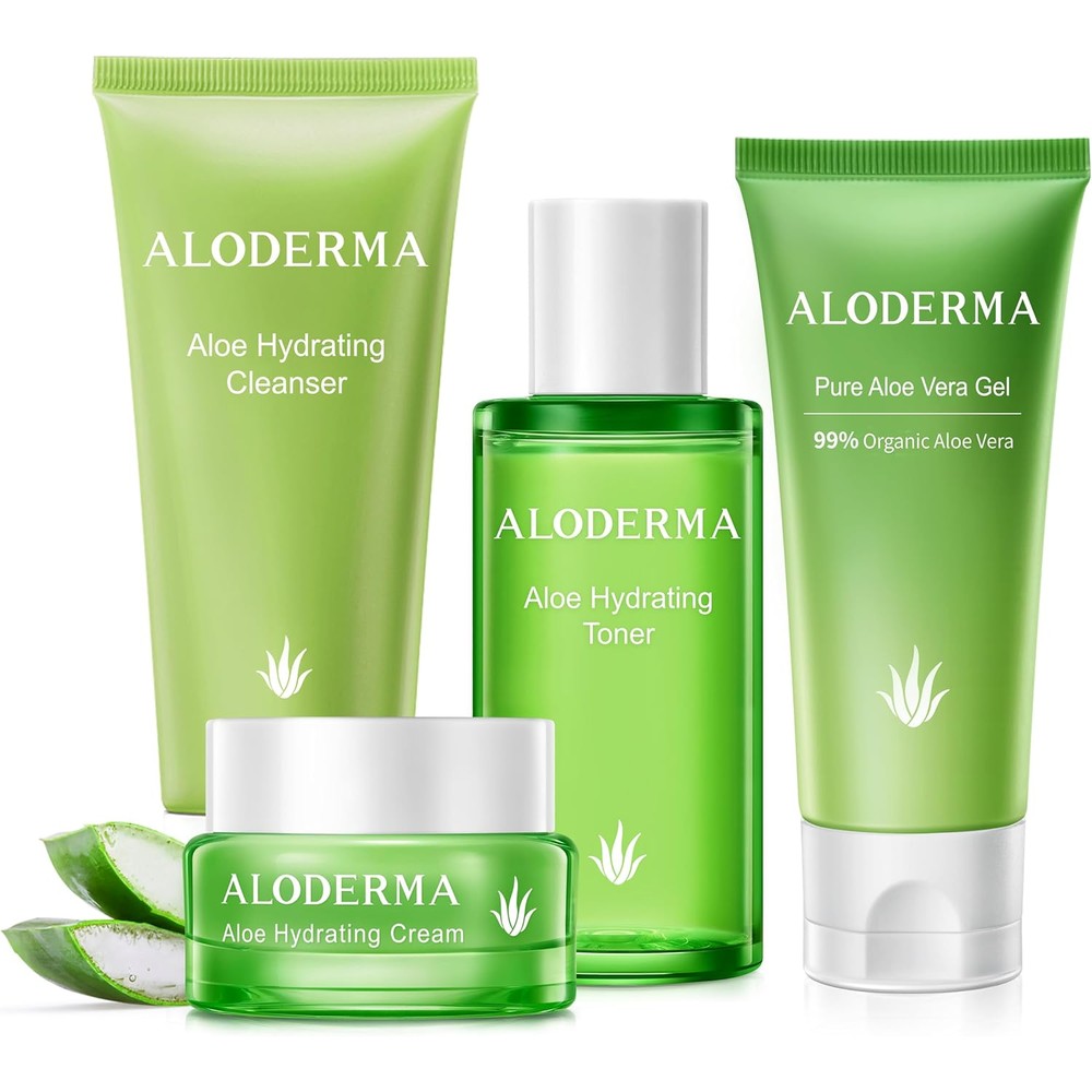 Aloderma brand 5 piece essential aloe hydrating skin care set with two face cleansers