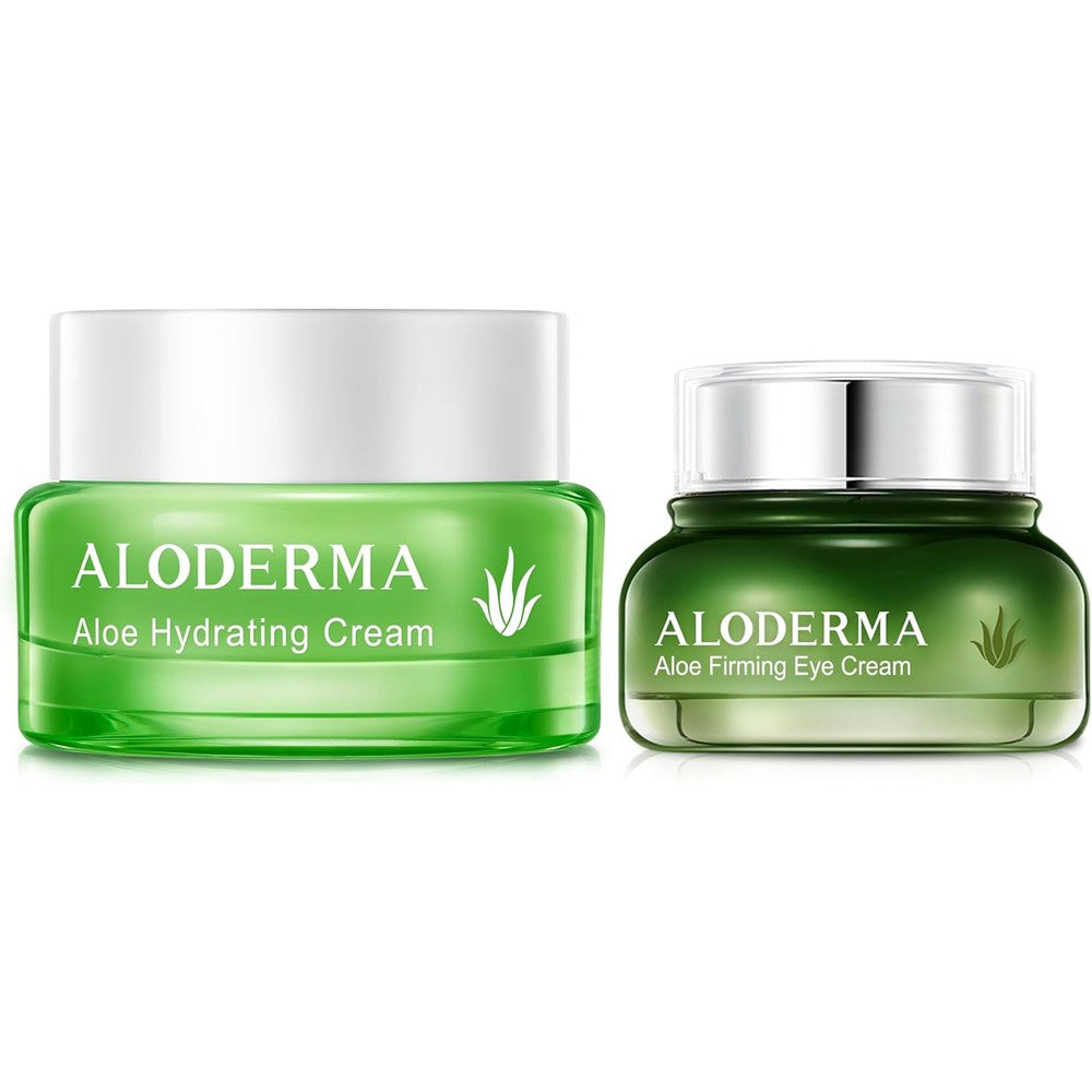 Aloderma Aloe Cream Set front view showing the hydrating face cream jar and firming eye cream tube.