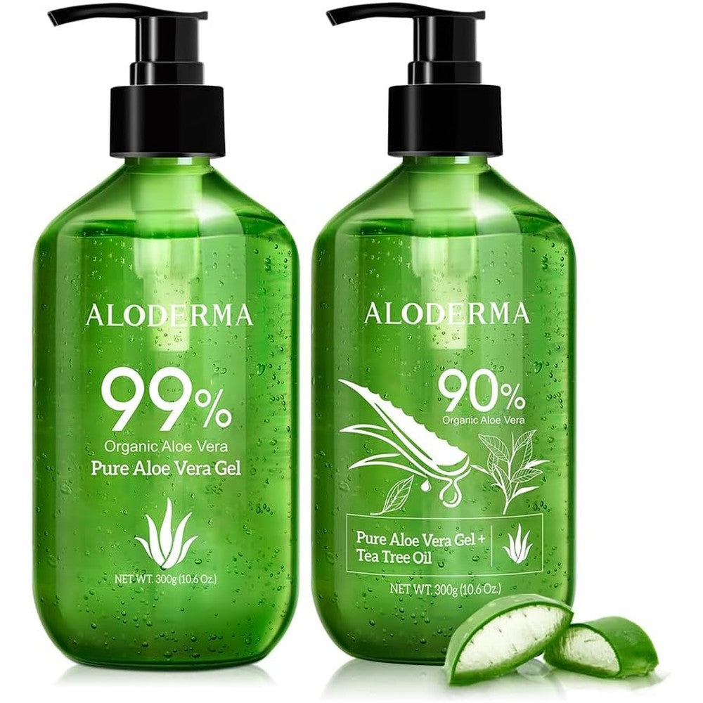 Aloderma brand organic aloe vera gel and tea tree oil set for face and body hydration