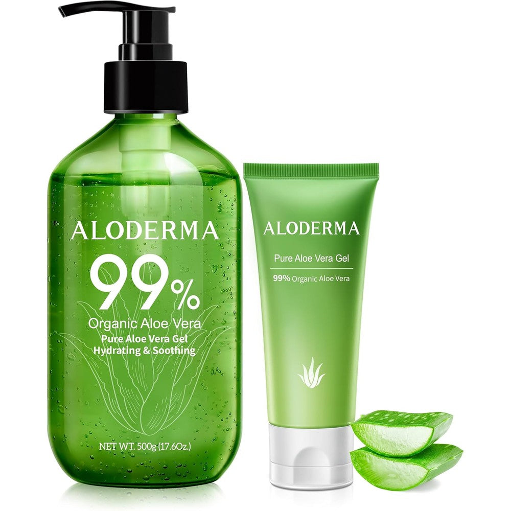 Aloderma Aloe Vera Gels Set front view showing the 500 grams pump bottle and 45 grams travel tube for organic skincare.