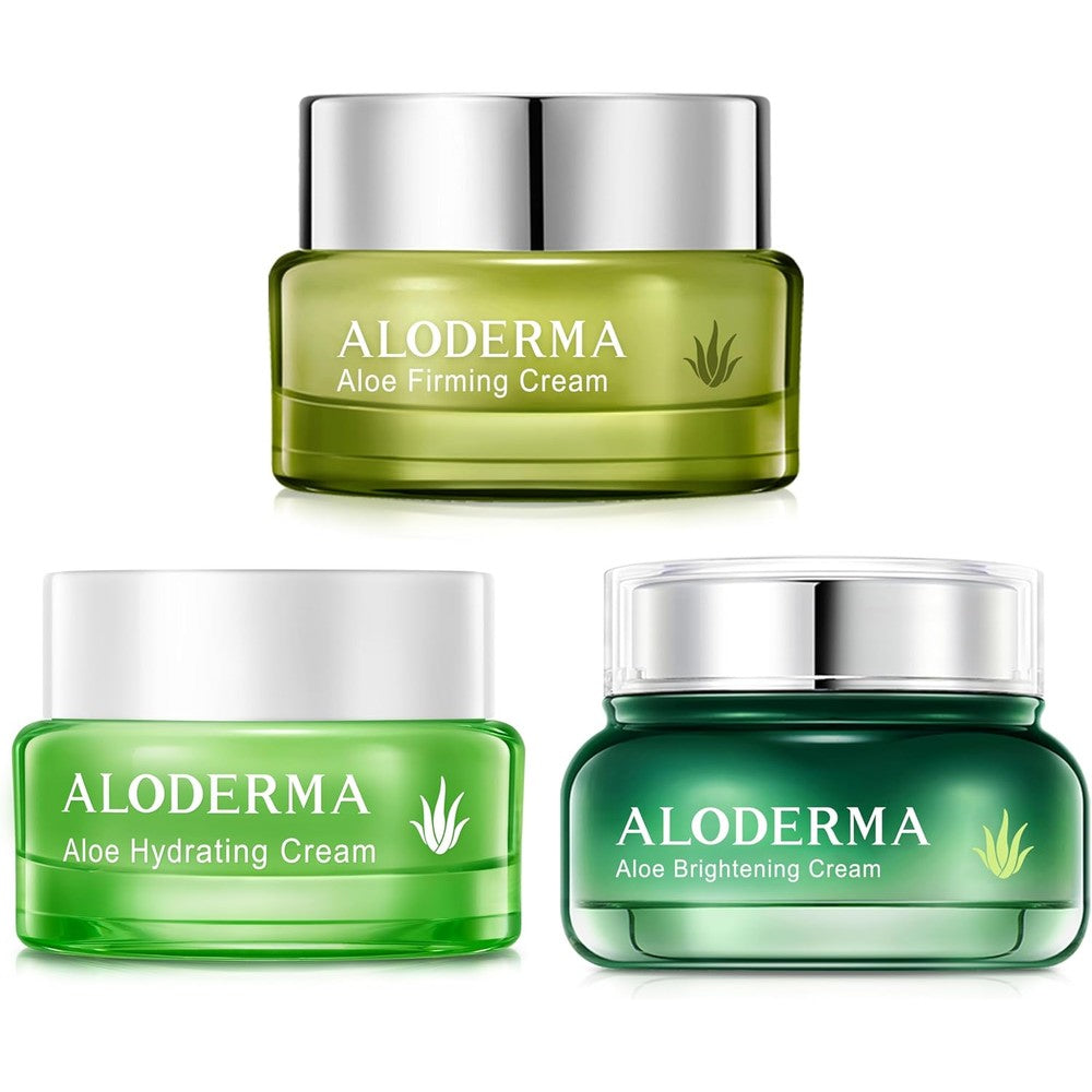 Aloderma Aloe Face Cream 3 Piece Set front packaging view showing the three unique skincare jars