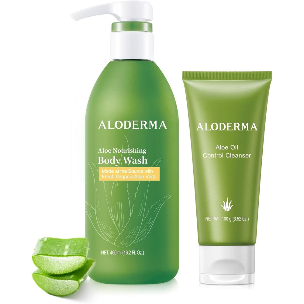 Aloderma Aloe Shower Set front view showing the organic aloe vera body wash and facial cleanser bottles