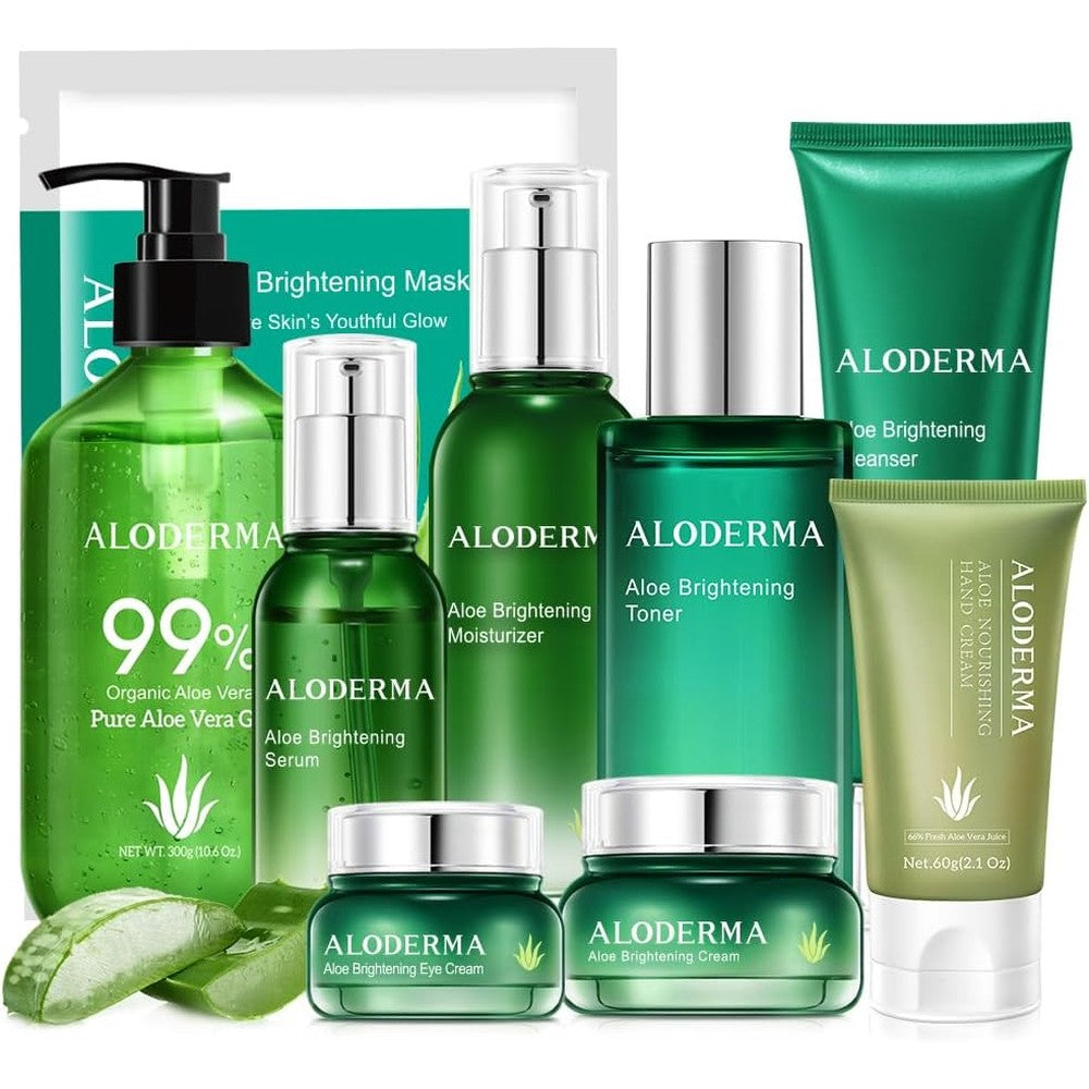 Aloderma Ultimate Aloe Brightening Set 9-Piece Set front view of full skincare collection.