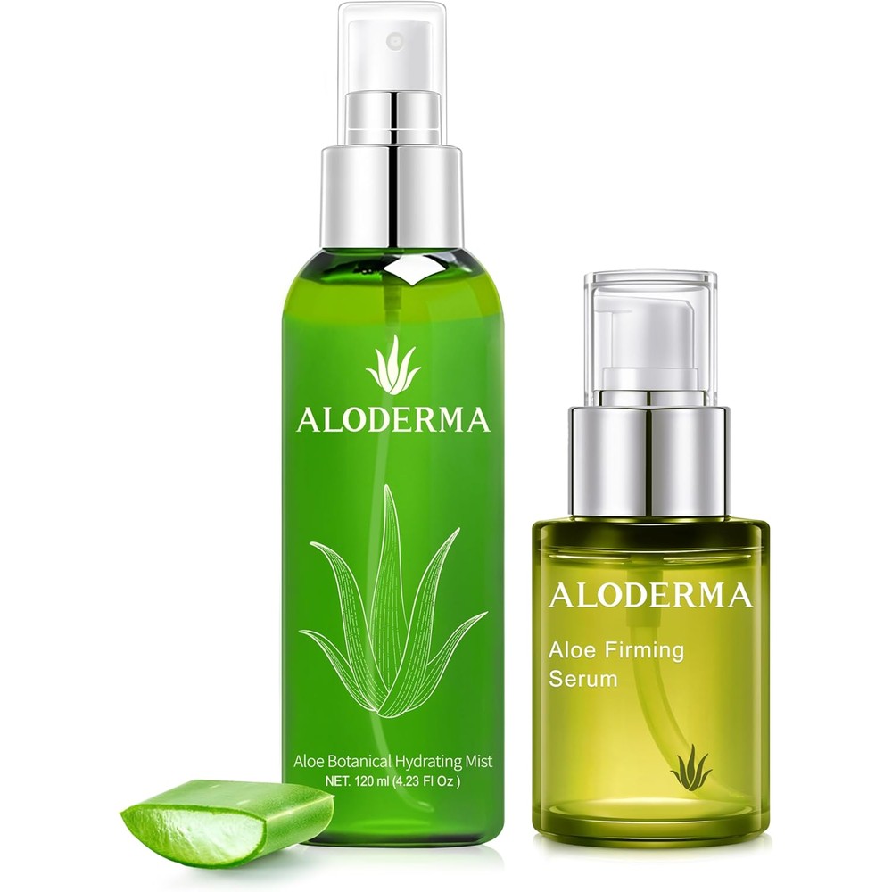 Aloderma Aloe Hydrating Set front view showcasing the firming serum and botanical hydrating mist bottles.