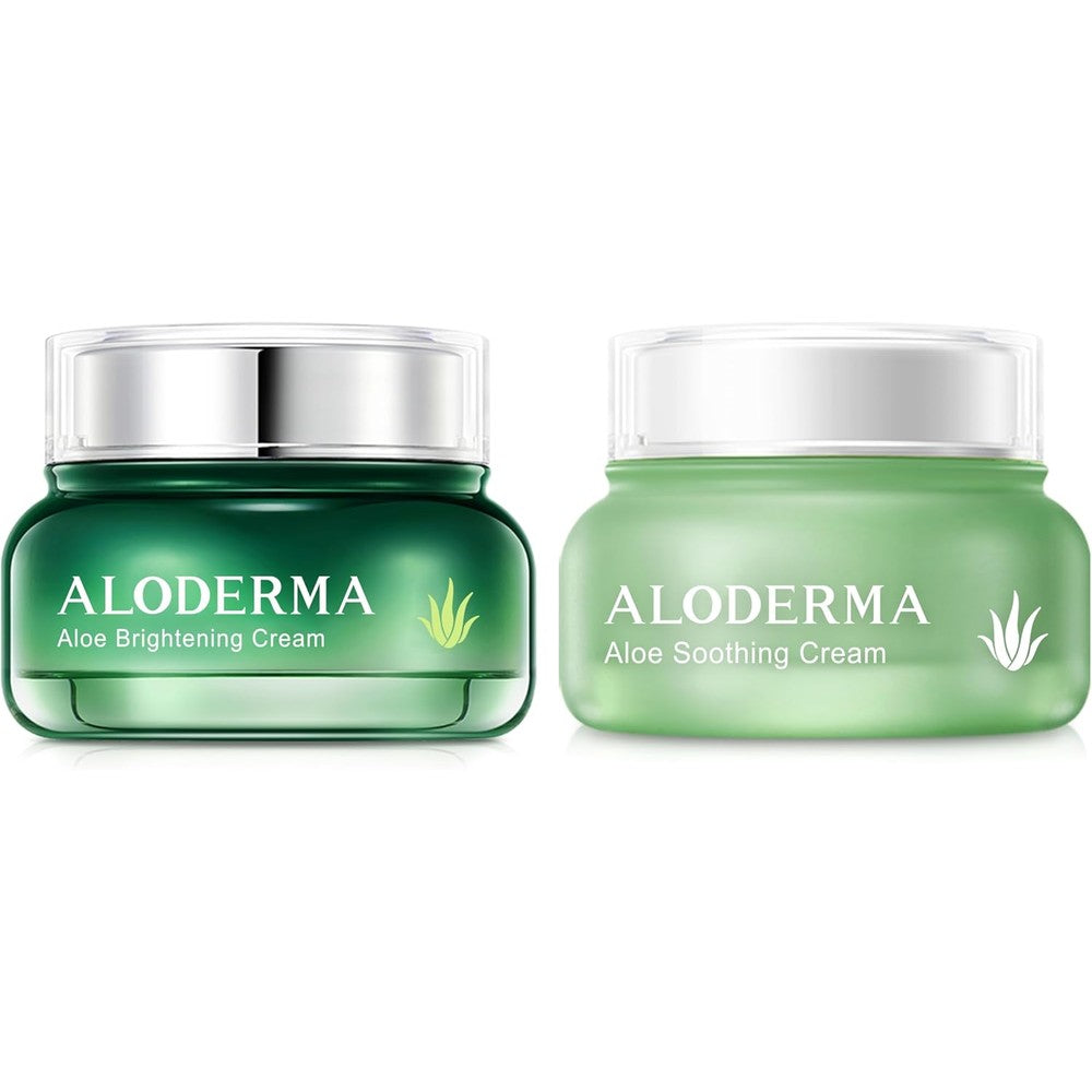 Aloderma Aloe Face Cream Set front view showing the calming and brightening moisturizer duo packaging.