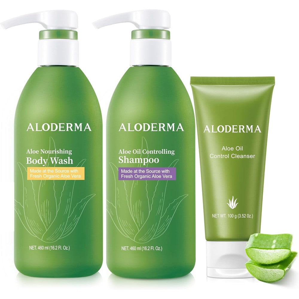 Aloderma Aloe Shower Set front view showing three-piece hair and body care kit.