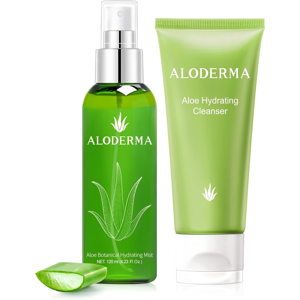 Aloderma Aloe Hydrating Set front view showcasing the cleanser and botanical mist for dry skin care.