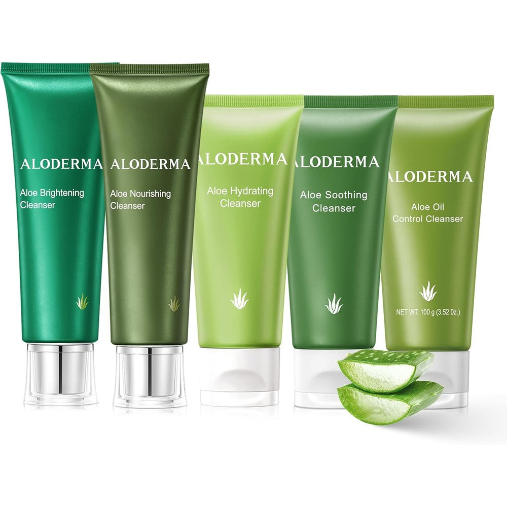 Aloderma Aloe Cleanser Set front view of five specialized organic face wash tubes