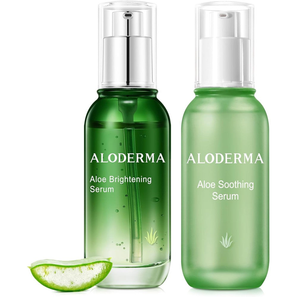 Aloderma Aloe Face Serums Set front view showing the Soothing and Brightening bottles.