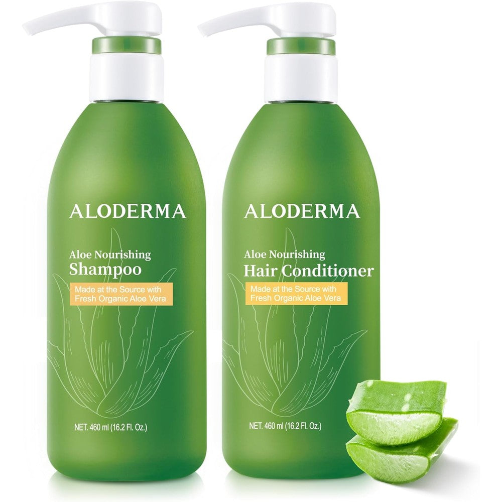 Aloderma Aloe Nourishing Hair Care Set front view of shampoo and conditioner bottles for deep hydration
