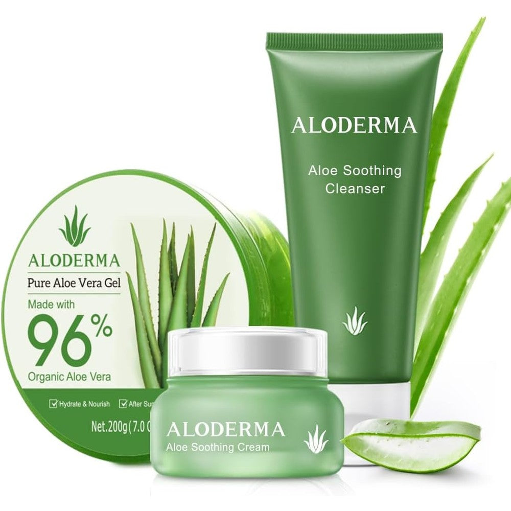 Aloderma brand 4 piece aloe vera soothing and repairing skin care set for dry skin