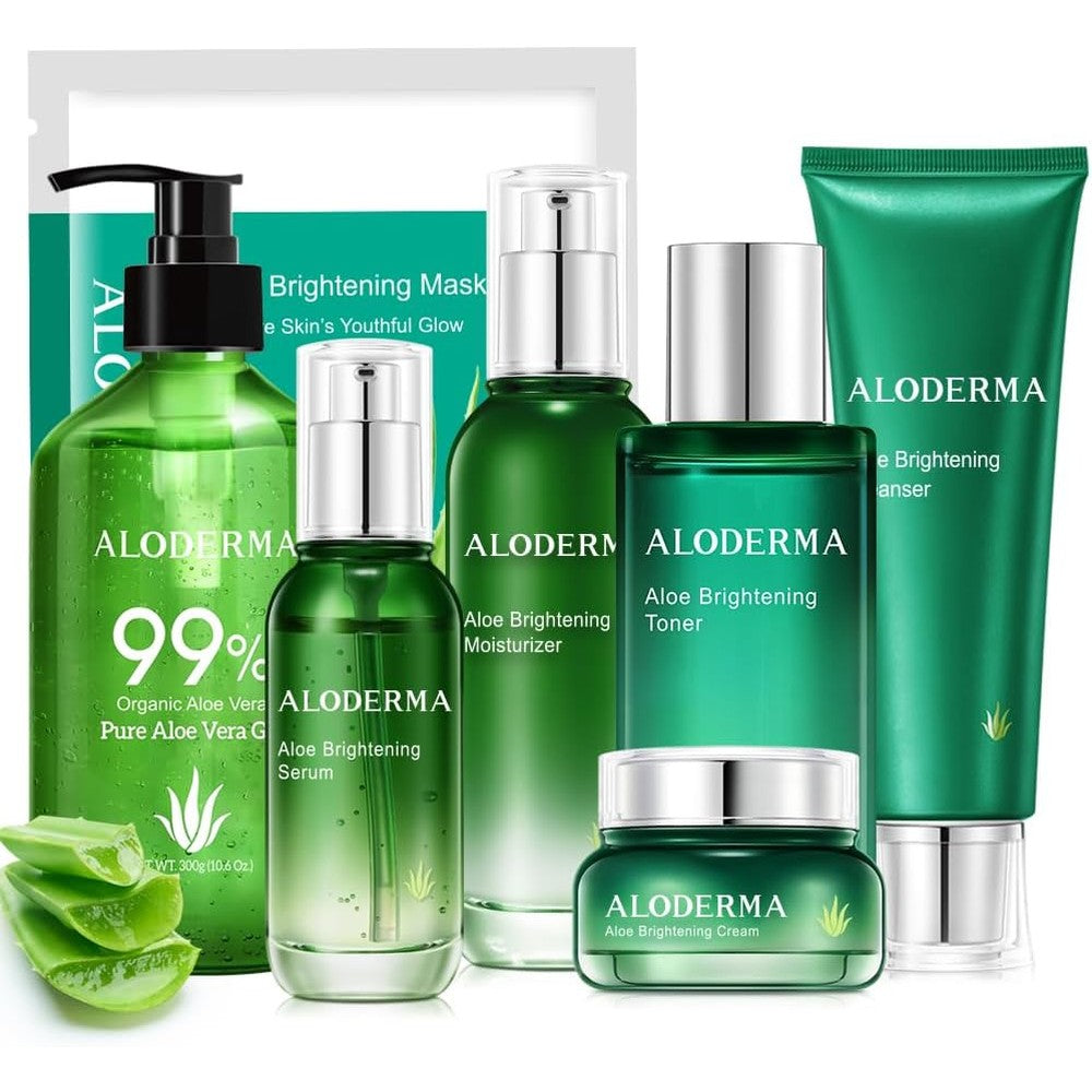 Aloderma Luxury Aloe Brightening Set front view of seven-piece skincare kit
