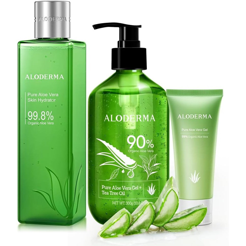 Aloderma brand 3 piece aloe vera gel set with tea tree oil for skin hydration