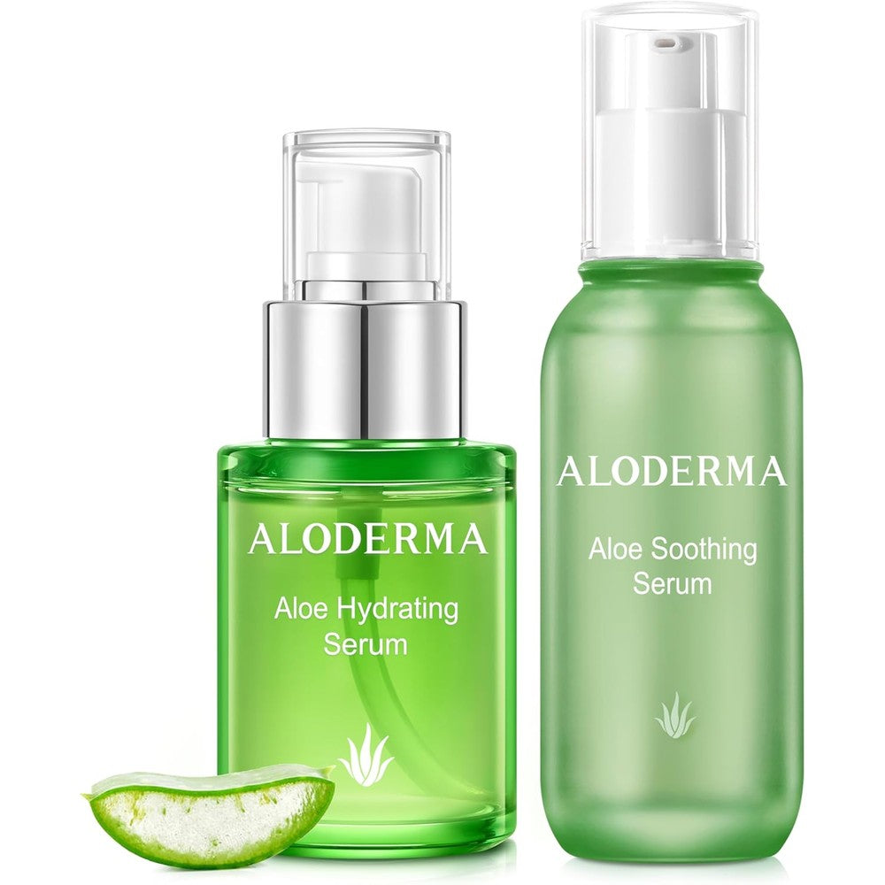 Aloderma Aloe Face Serums Set front view showing the hydrating and soothing bottles.