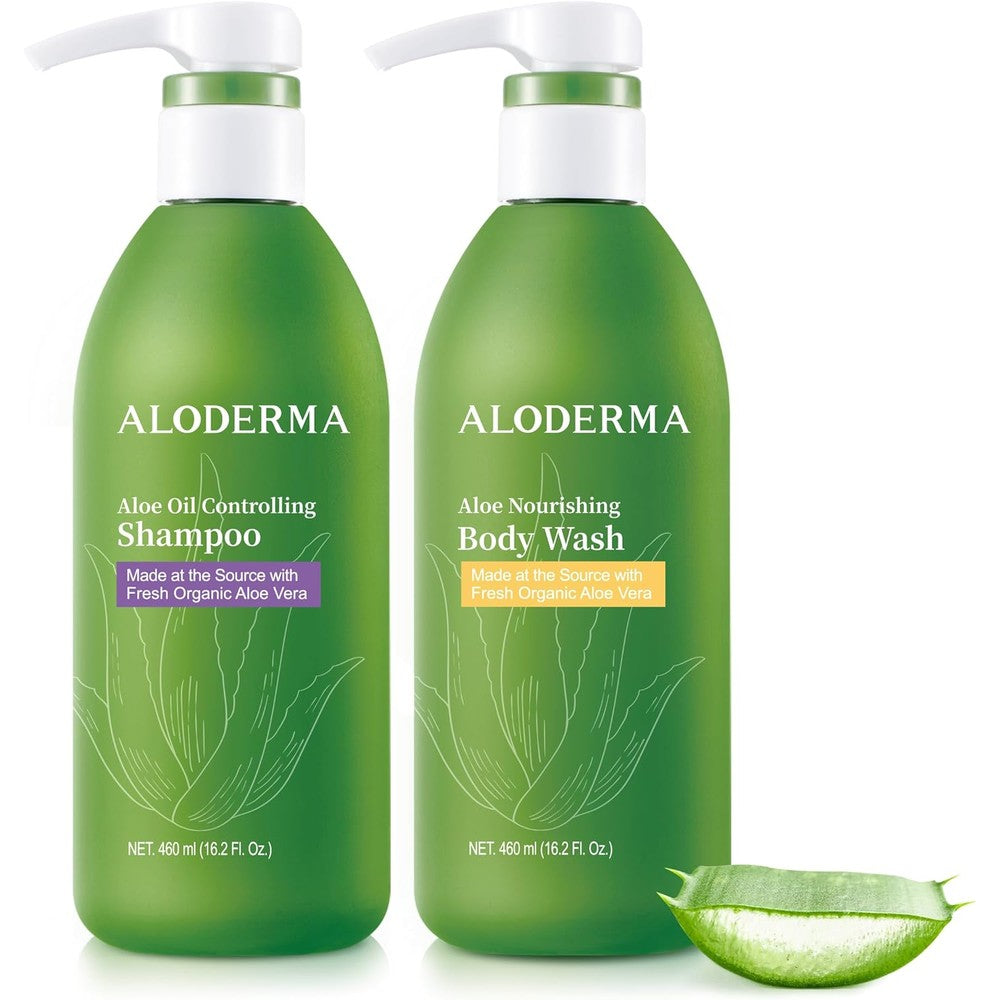 Aloderma Aloe Hair and Body Care Set front view featuring green bottles of Oil Controlling Shampoo and Nourishing Body Wash.
