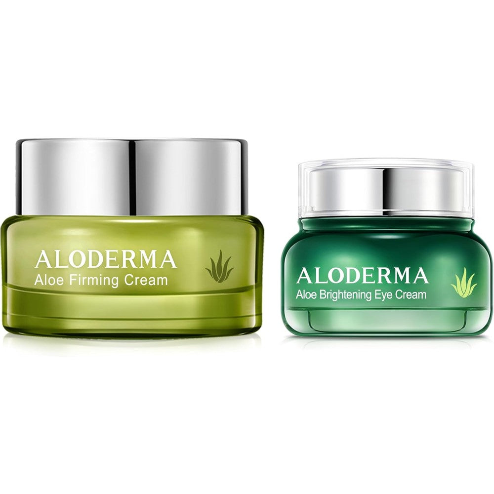 Aloderma Aloe Cream Set front view showing Brightening Eye Cream and Firming Cream packaging.