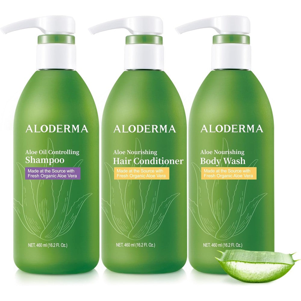 Aloderma Aloe Oil Controlling and Hydrating Set front view showcasing shampoo conditioner and body wash bottles