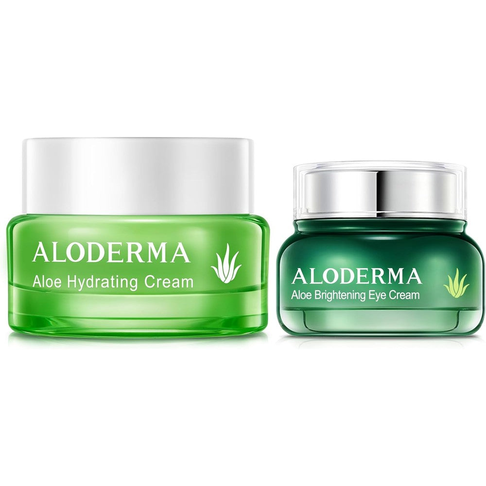 Aloderma Aloe Cream Set two piece box front view showcasing organic hydrating face cream jar and brightening eye cream tube.