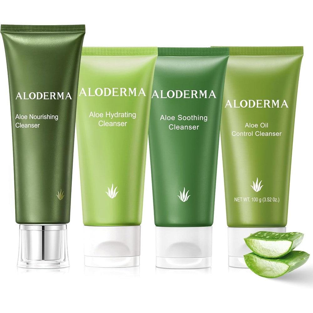 Aloderma Aloe Cleanser Set 4 Pieces front view showing the four distinct skincare tubes.