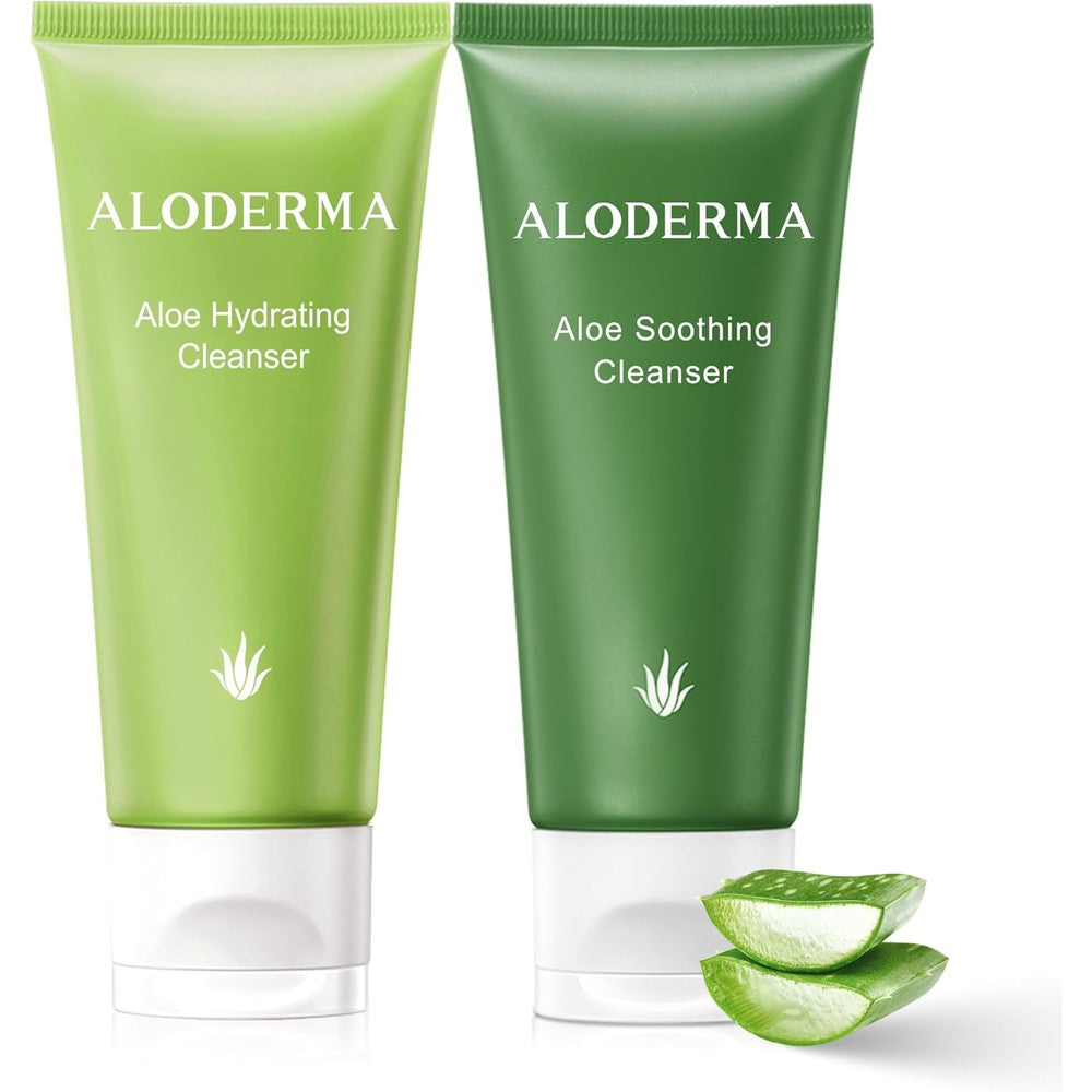 Aloderma Aloe Cleanser Set front view showcasing the hydrating and soothing organic face wash bottles.