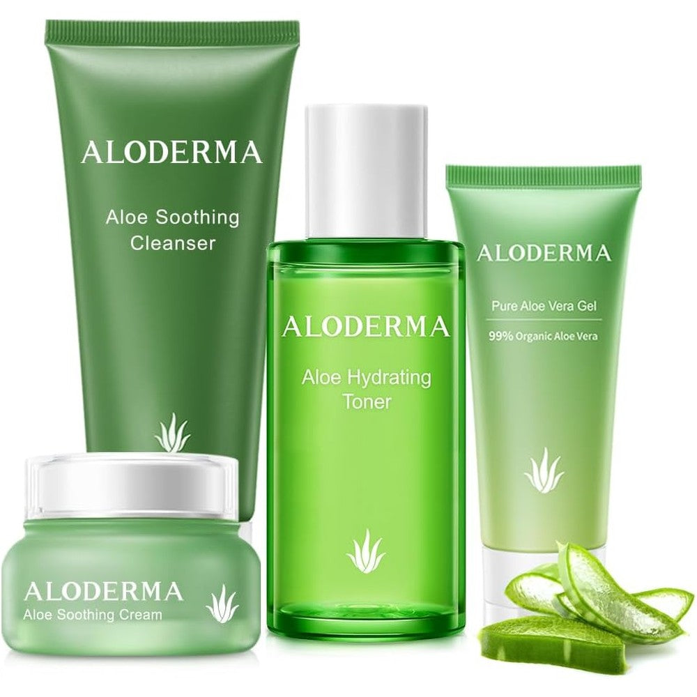 Aloderma Essential Aloe Soothing Set 4-Piece packaging front view showing organic skincare kit