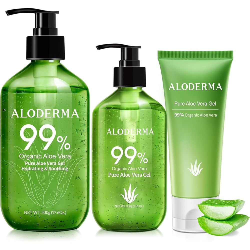 Aloderma organic aloe vera gel set front view showcasing three green bottles for skincare