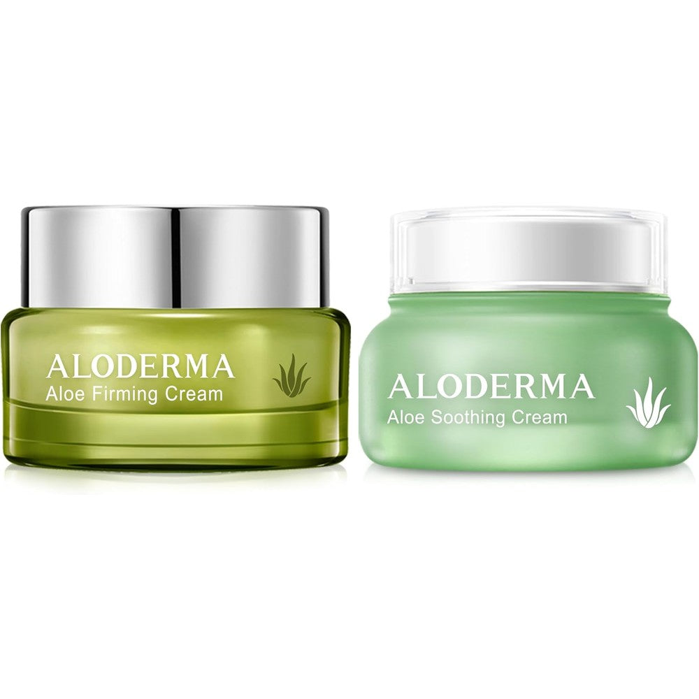 Aloderma Aloe Face Cream Set front packaging view containing soothing and firming creams.