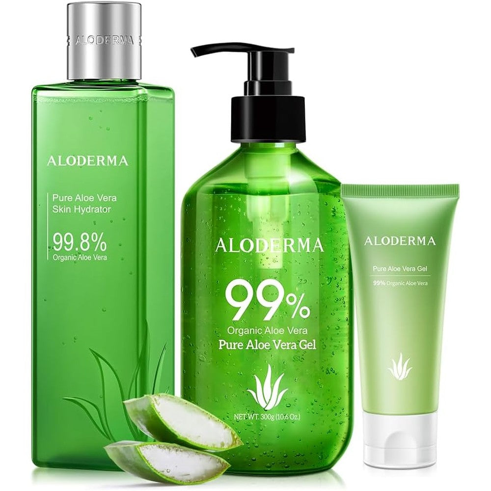 Aloderma brand 3 piece all purpose aloe vera gel set with travel size tube