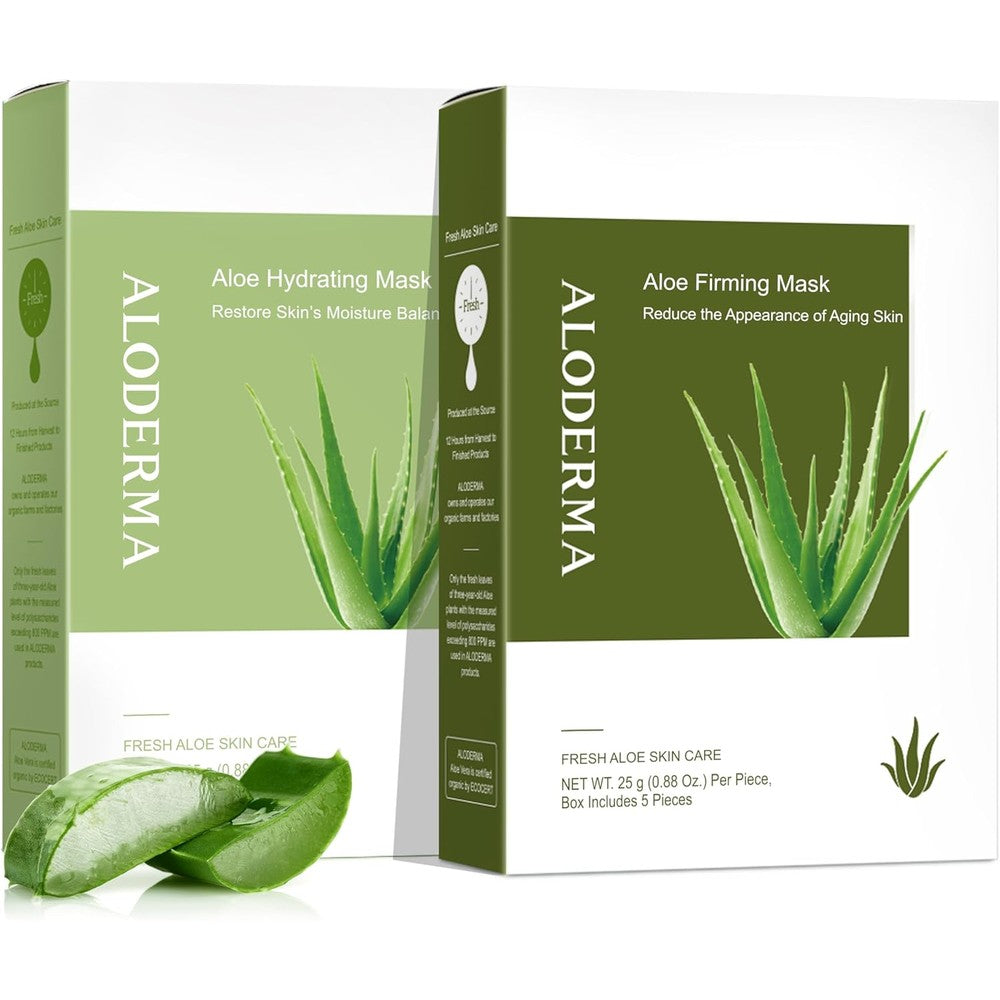 Calitate24 Aloderma Aloe Sheet Mask pack of two front view showing hydrating and firming variants.