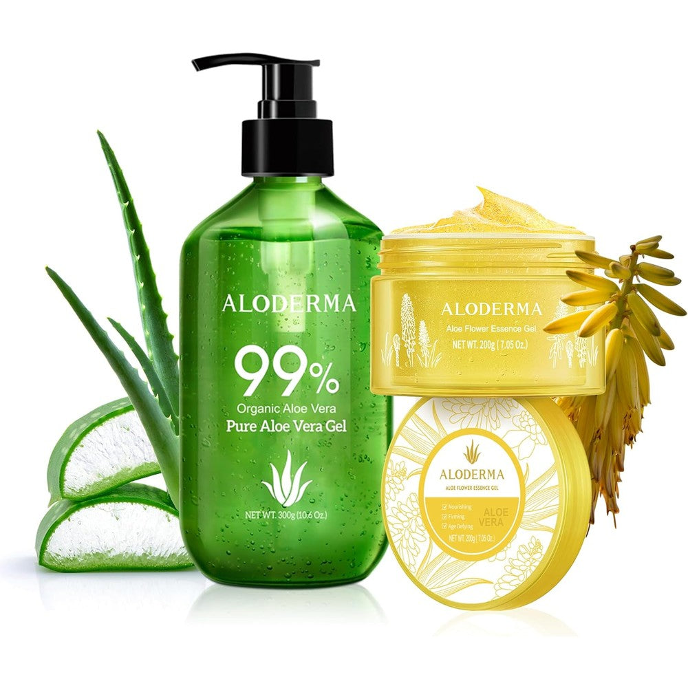 Aloderma brand 2 pack aloe vera gel set with 300g pure gel and flower essence
