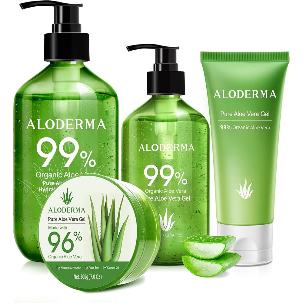 Aloderma Aloe Vera Gel Skincare Set four pieces front view premium organic hydration kit
