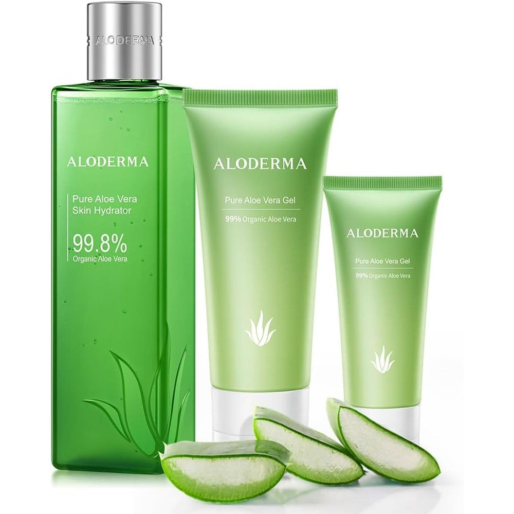 Aloderma brand 3 piece all purpose aloe vera gel set for skin hydration