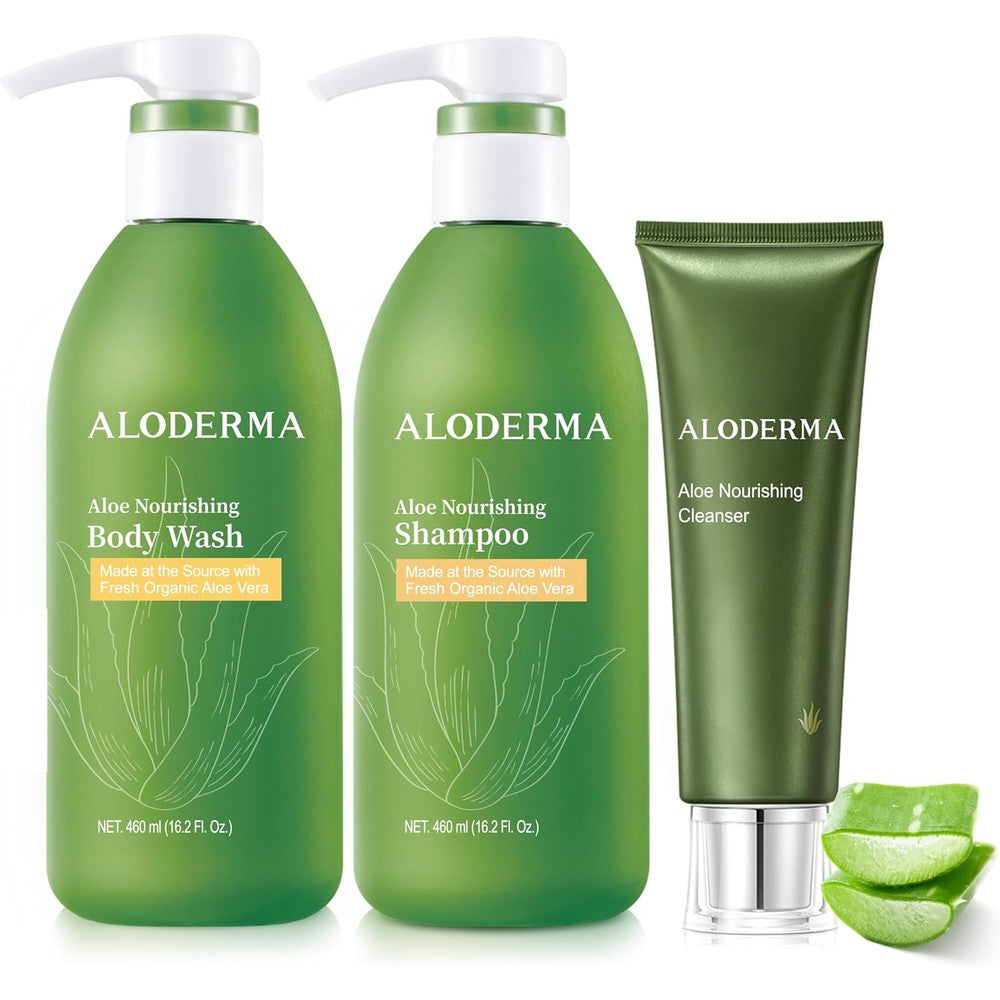 Aloderma Aloe Shower Set 3 Piece front view showing body wash shampoo and cleanser packaging