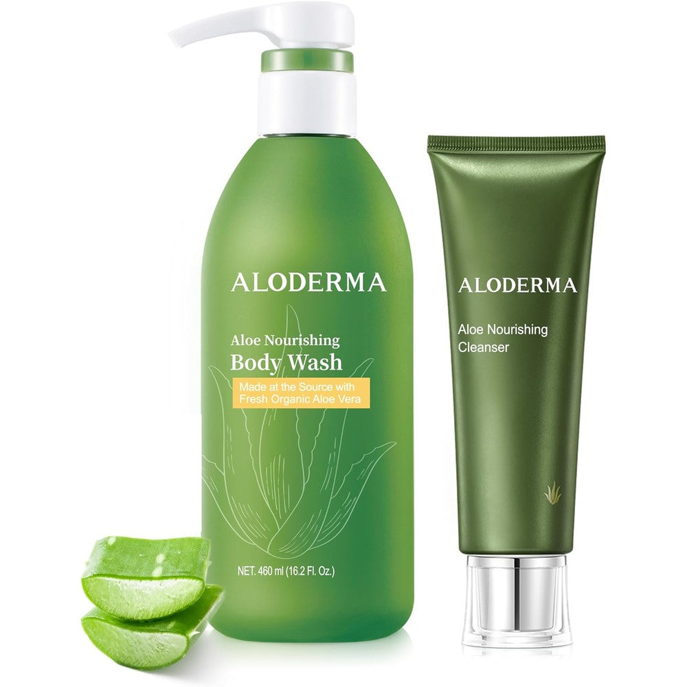 Aloderma Aloe Shower Set front view showing body wash and facial cleanser bottles.