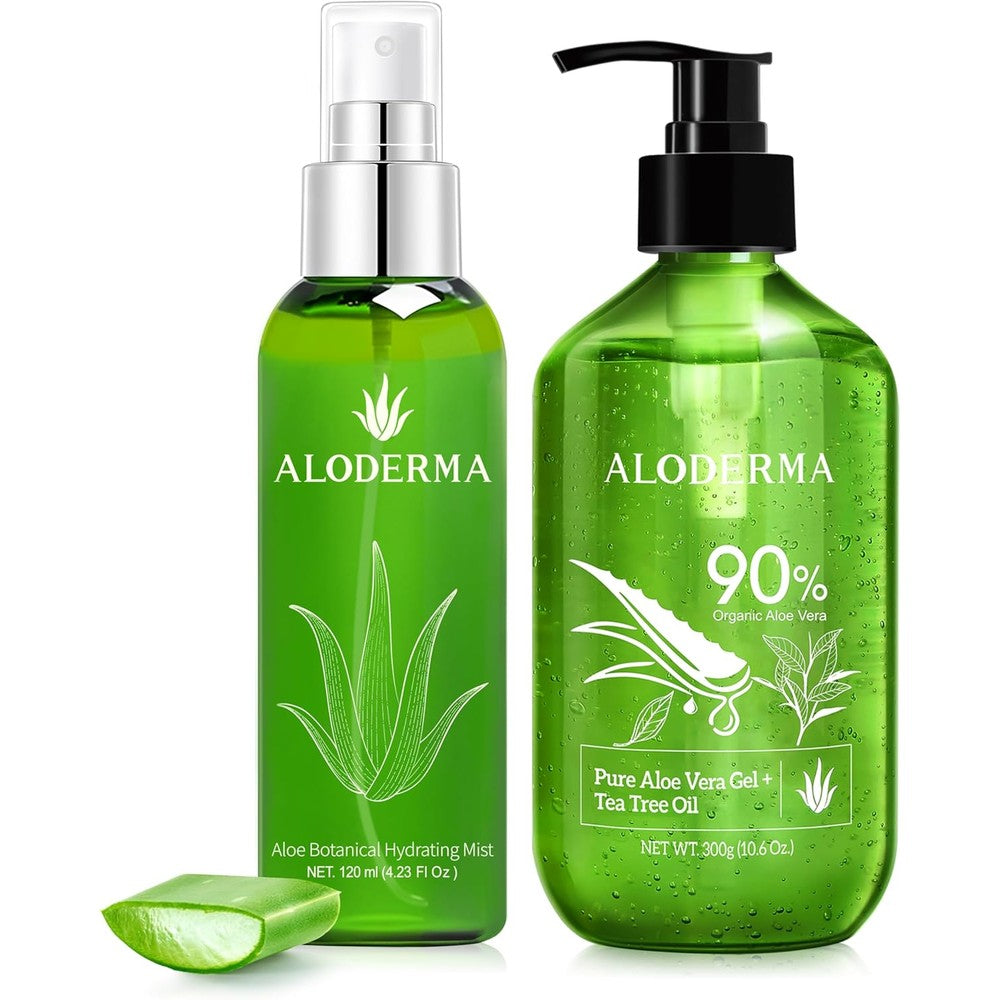 Aloderma Aloe Hydrating Set front view showcasing the mist bottle and tea tree gel pump bottle